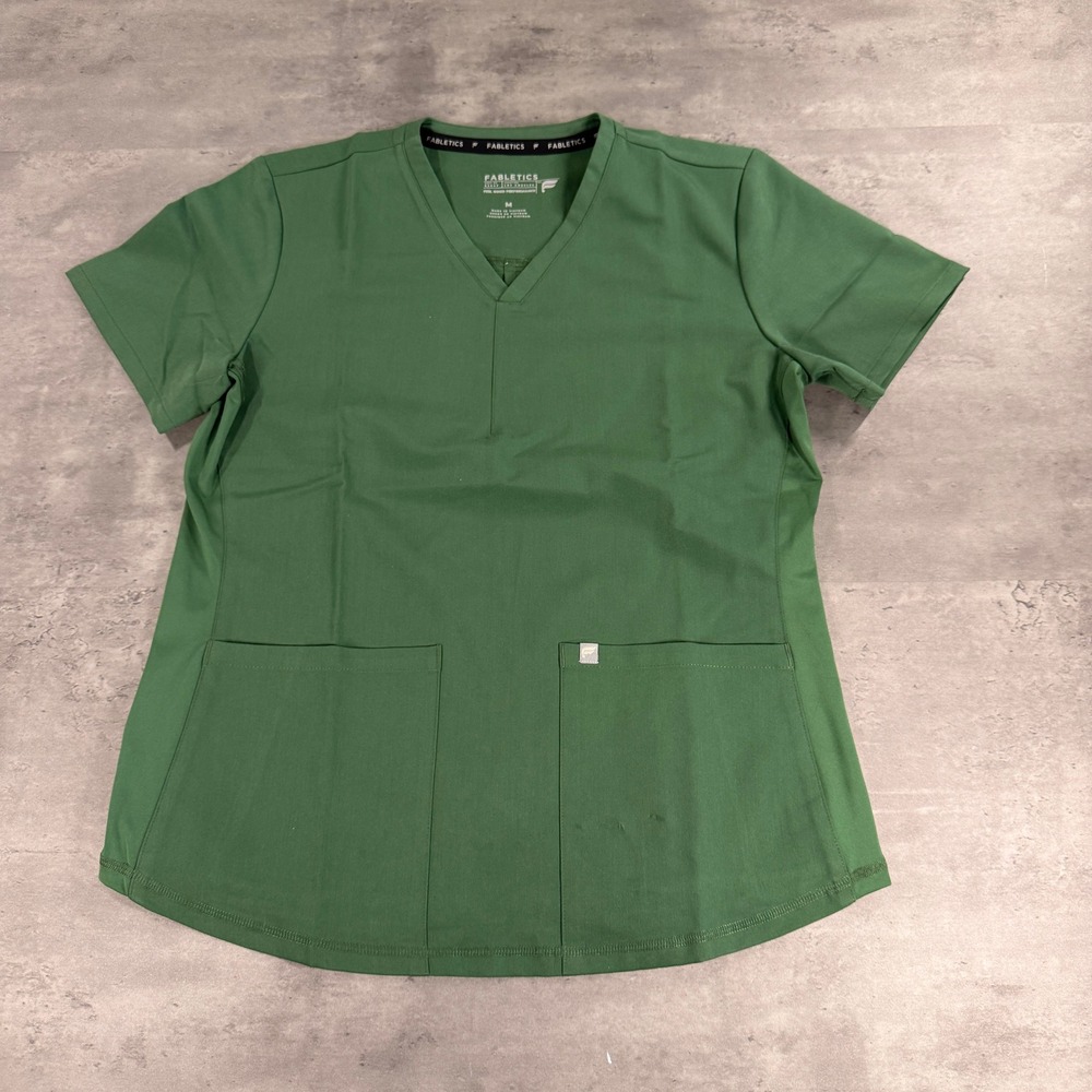 Fabletics Scrub Top M Method Flex Hunter Green Short Sleeve V-Neck 2 Pocket